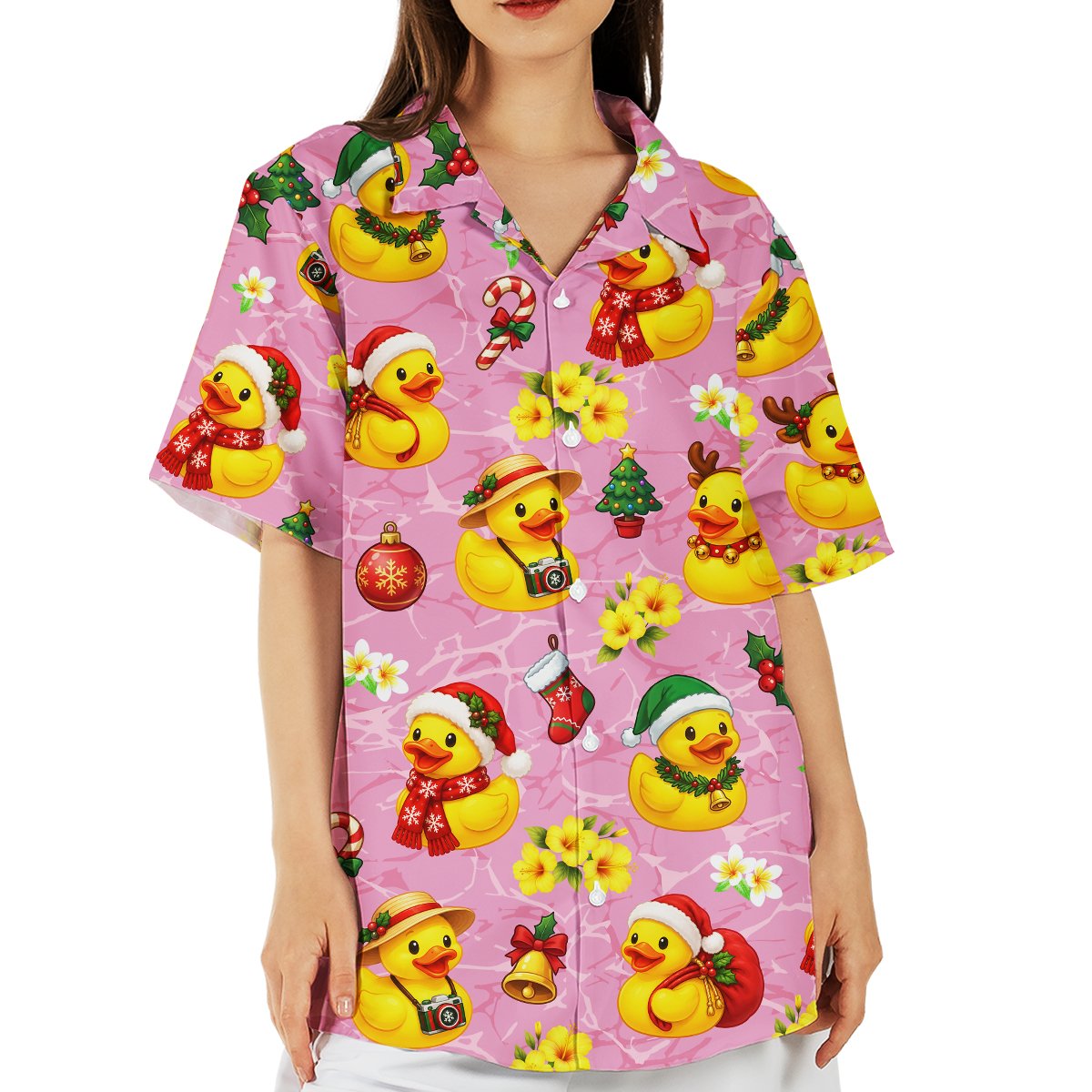 Matching family tropical shirt with festive holiday duck pattern on pink background, main view
