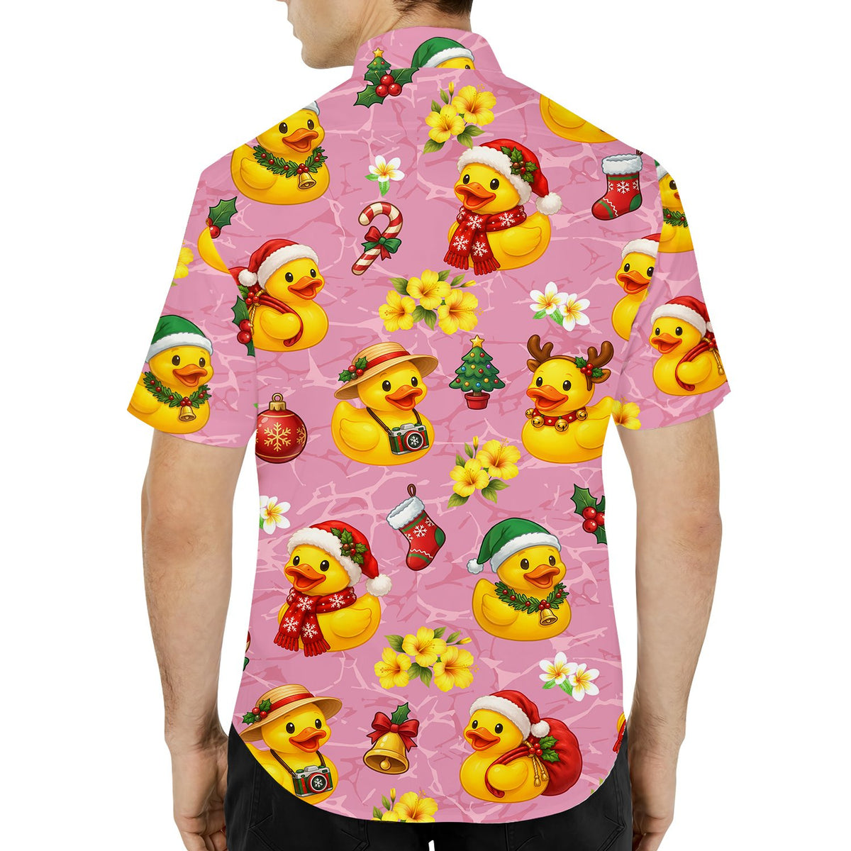 Alternative back view of the pink holiday duck matching family tropical shirt
