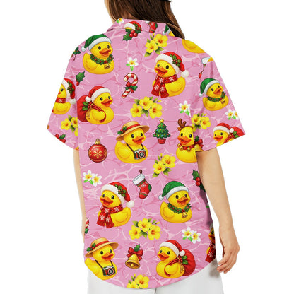 Detailed back view of the festive duck tropical shirt