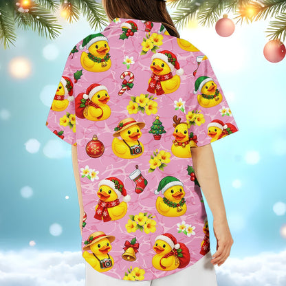 Close up back view of the holiday duck matching family tropical shirt