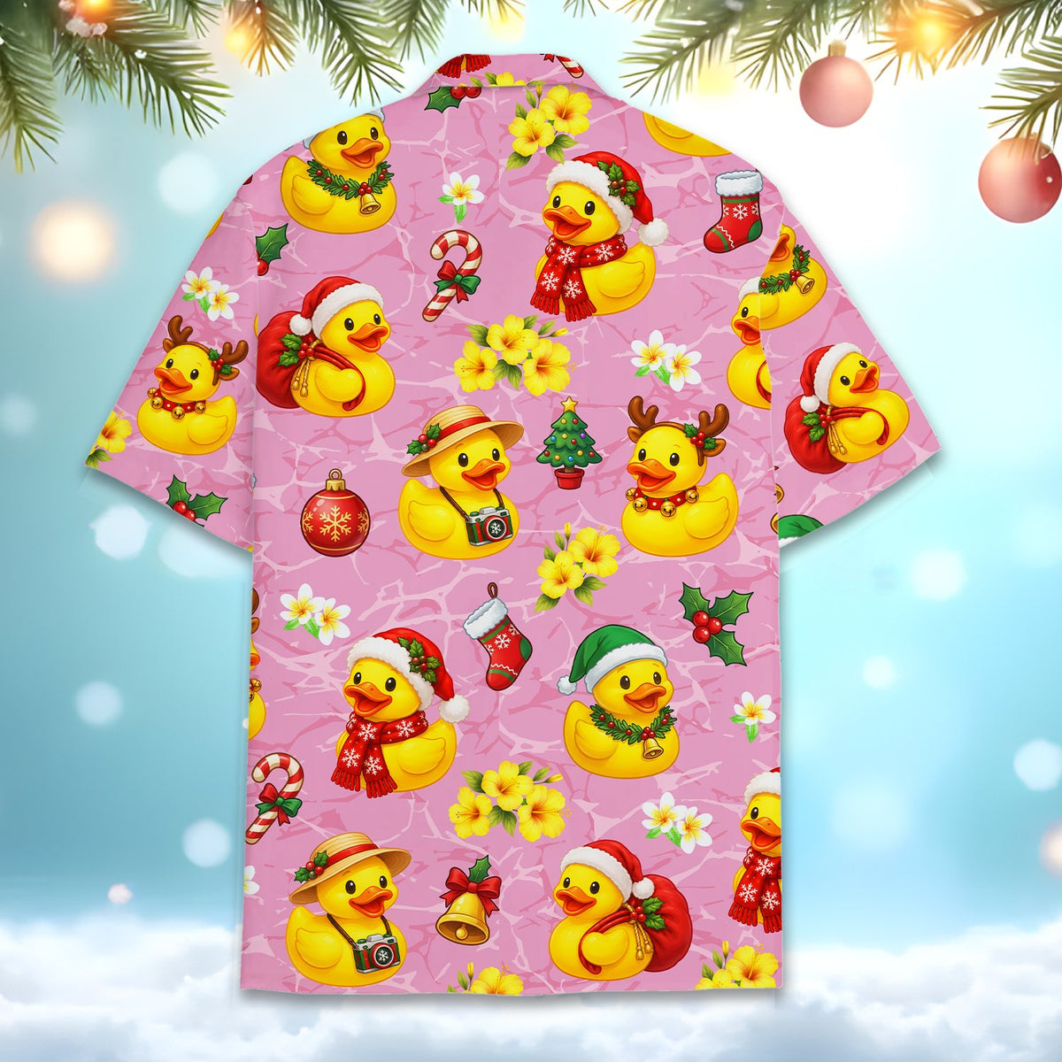 Back view of the pink festive holiday duck matching family tropical shirt