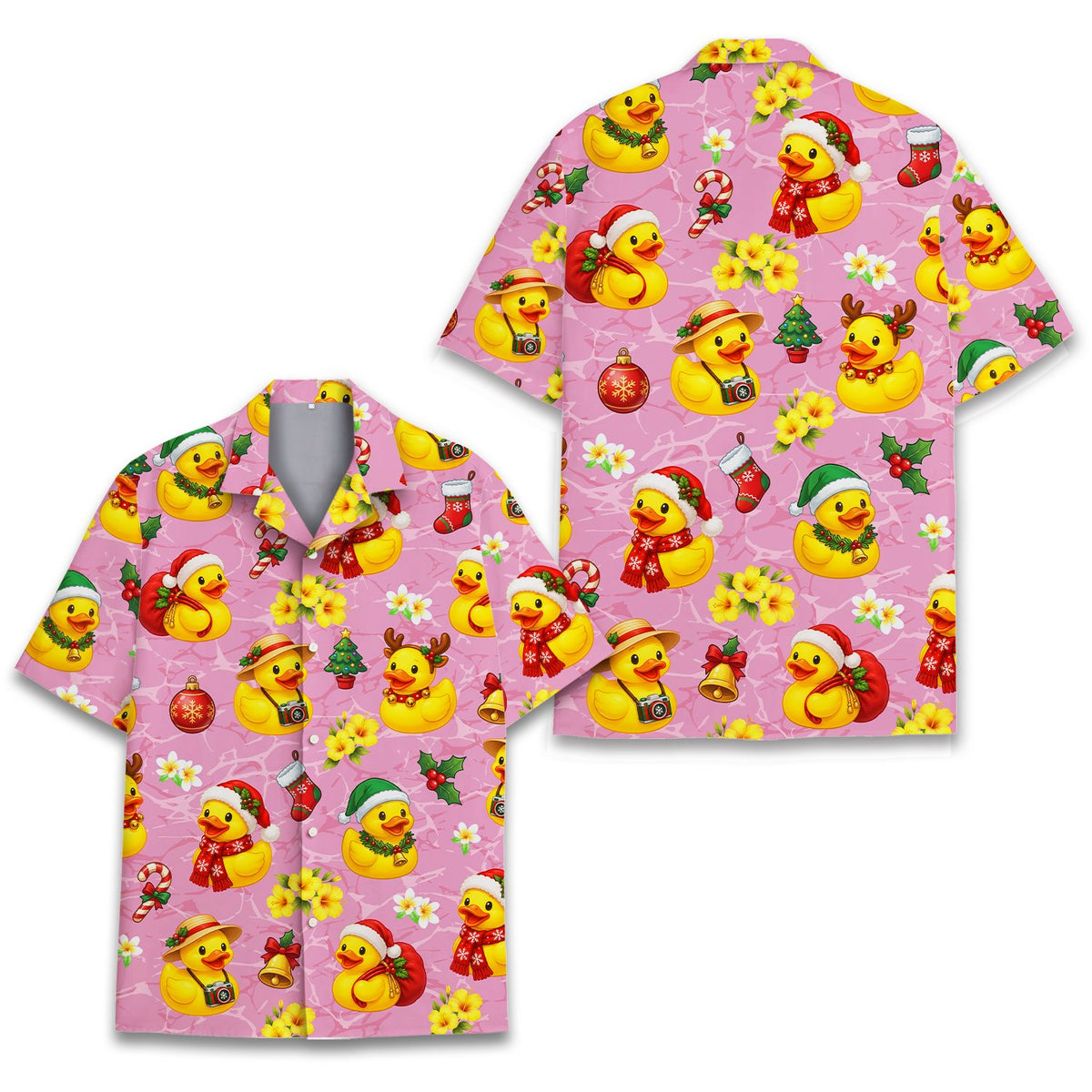 Front view of the pink festive holiday duck matching family tropical shirt