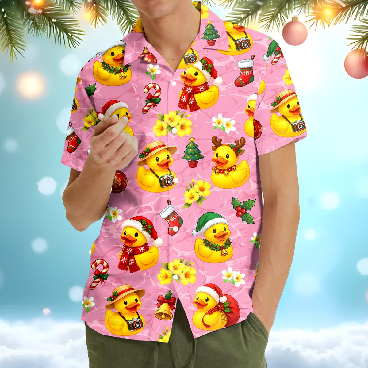 Second lifestyle view of the matching family holiday duck tropical shirts