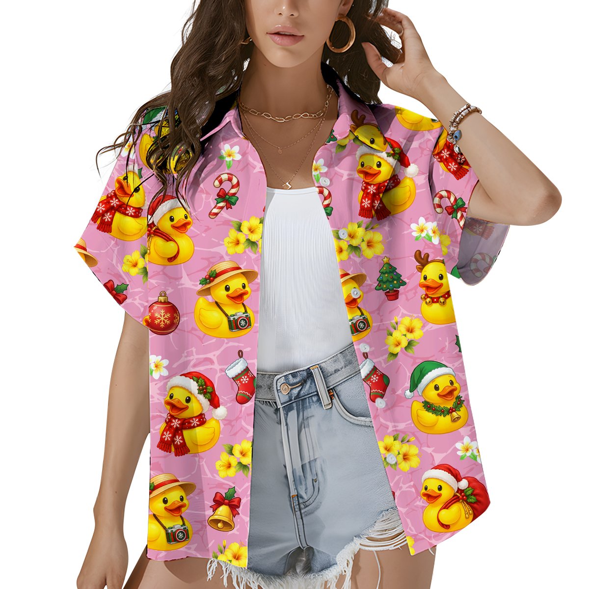 Third lifestyle view showing the festive duck matching family tropical shirts