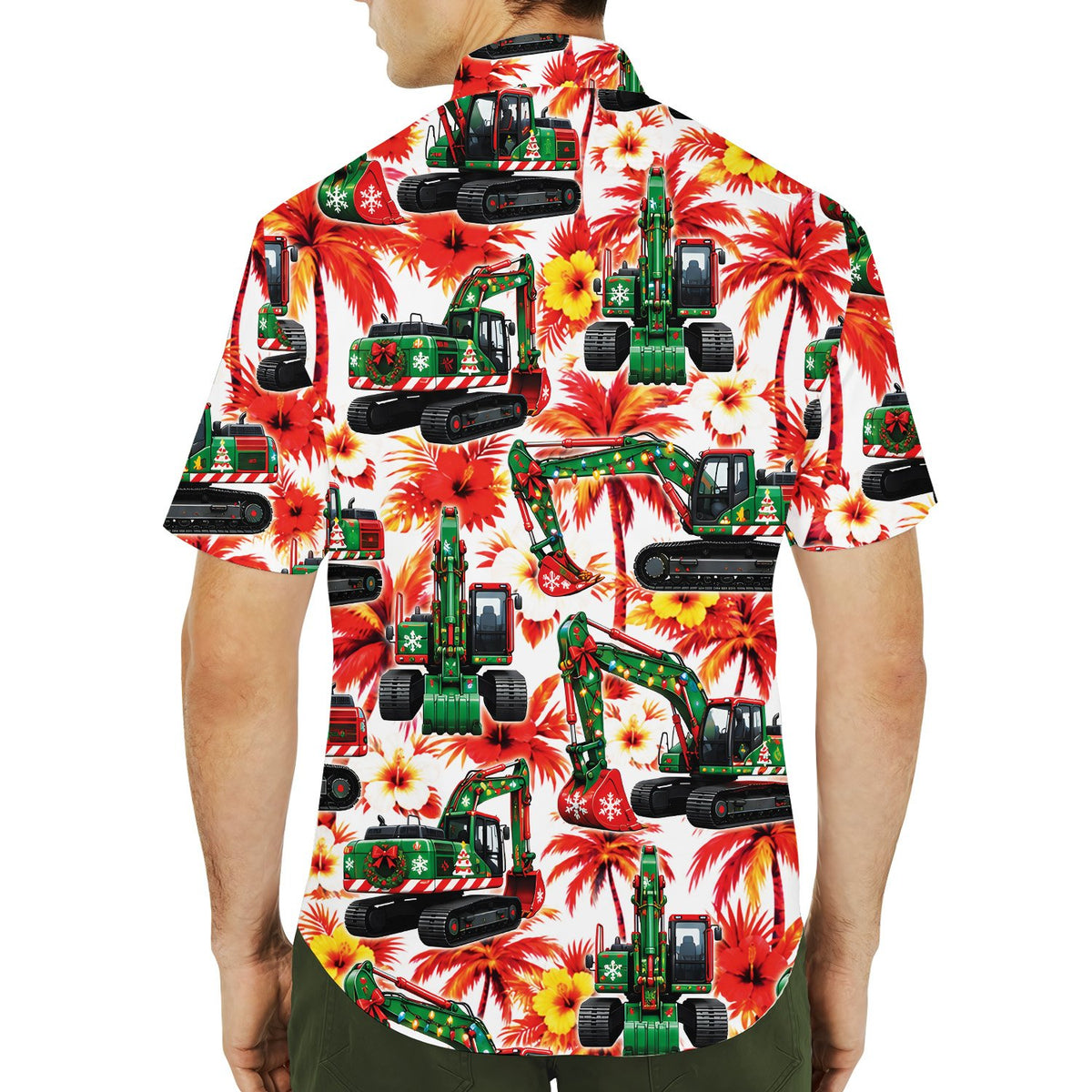 Back view of the Christmas excavators hawaiian shirt