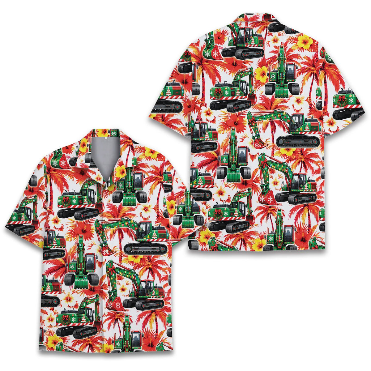 Another front view of the white, red, and green tropical hawaiian shirt