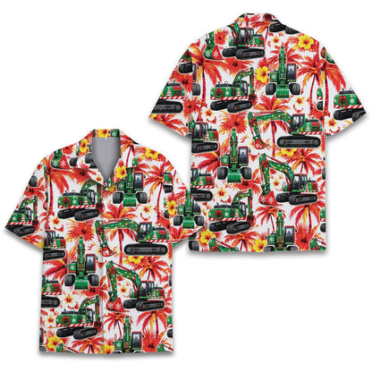 Another front view of the white, red, and green tropical hawaiian shirt