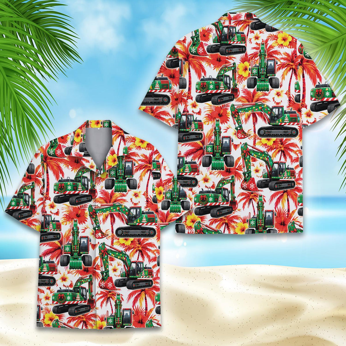 Close-up front view of the Christmas excavators hawaiian shirt