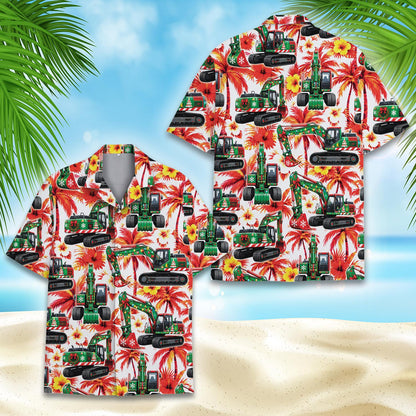 Close-up front view of the Christmas excavators hawaiian shirt