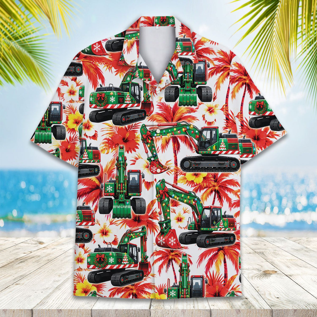 Detailed front view of the tropical holiday design on the hawaiian shirt