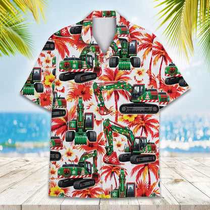 Detailed front view of the tropical holiday design on the hawaiian shirt