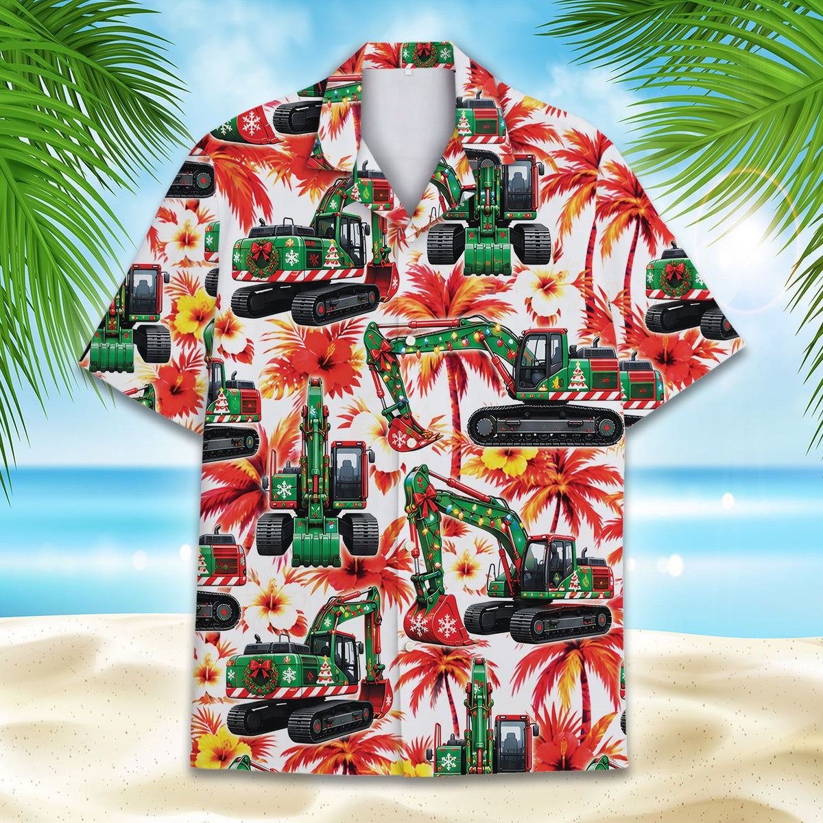 Additional front view showing the all-over print of holiday excavators