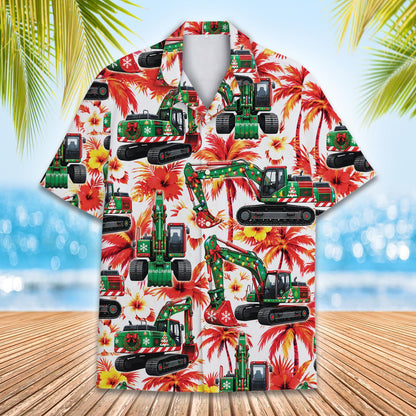 Main view of the white Christmas excavators hawaiian shirt featuring tropical flowers and holiday lights
