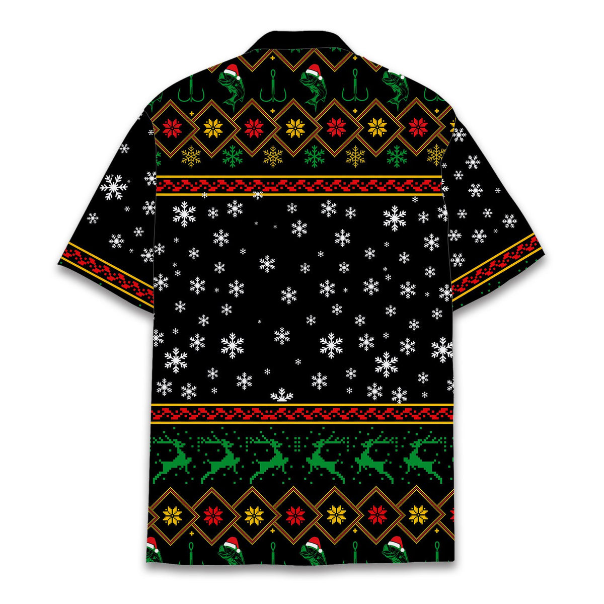Detailed back view of the Christmas fishing Hawaiian shirt