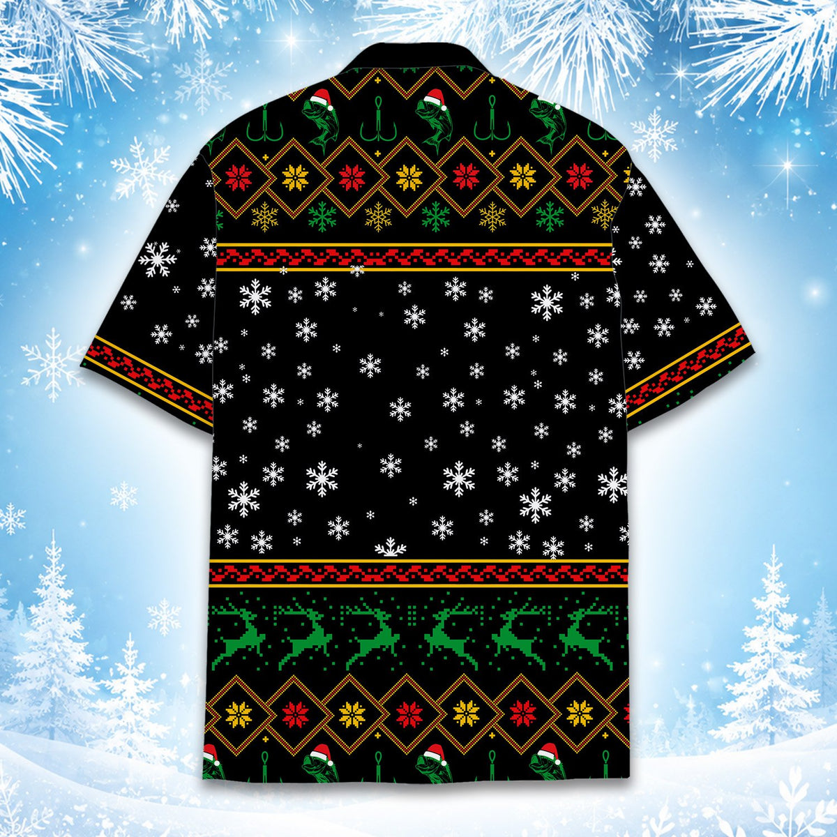 Back view of the black ugly sweater style holiday Hawaiian shirt