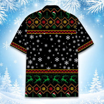 Back view of the black ugly sweater style holiday Hawaiian shirt