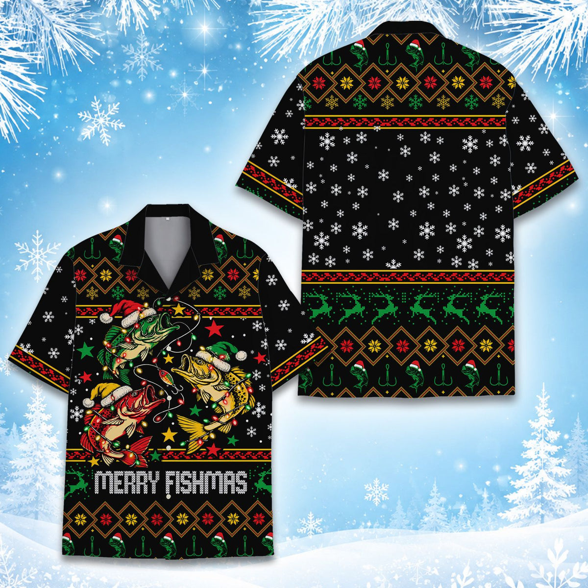 Black Christmas fishing Hawaiian shirt with ugly sweater pattern
