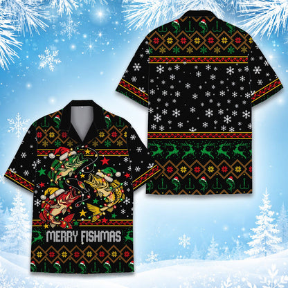 Black Christmas fishing Hawaiian shirt with ugly sweater pattern