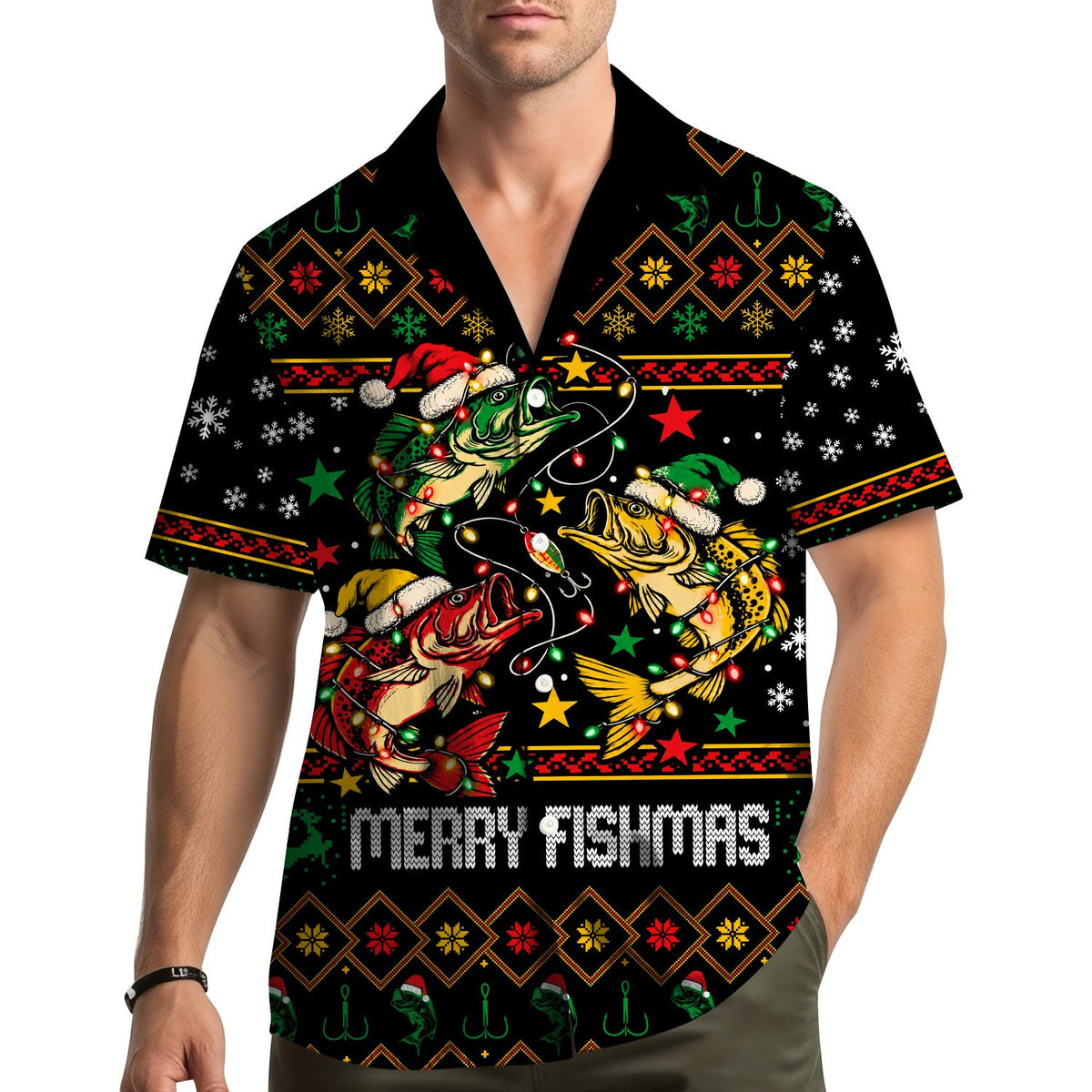 Lifestyle view of the black holiday fishing Hawaiian shirt