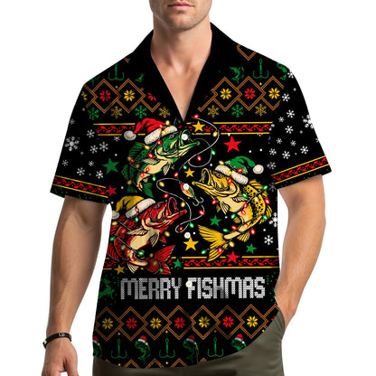 Lifestyle view of the black holiday fishing Hawaiian shirt