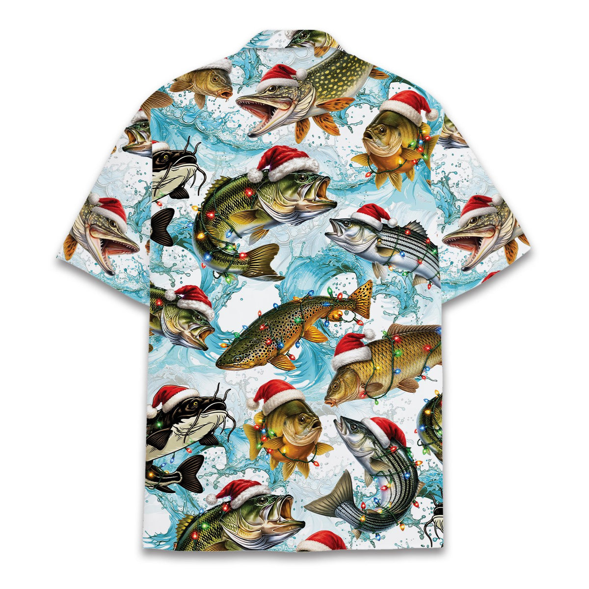 Back view of the matching family hawaiian shirts with holiday fish design