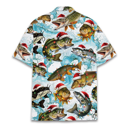 Back view of the matching family hawaiian shirts with holiday fish design