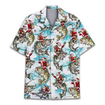 Matching family christmas fishing hawaiian shirt featuring Santa on lighted fish against a white background, main view