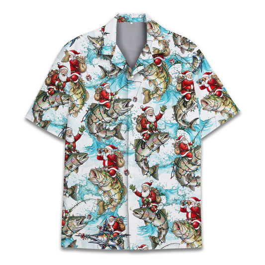 Matching family christmas fishing hawaiian shirt featuring Santa on lighted fish against a white background, main view