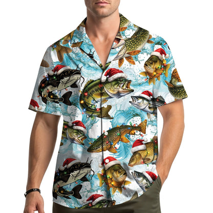 Stoic hawaiian fishing shirt featuring fish in Santa hats and Christmas lights on a white background, main view