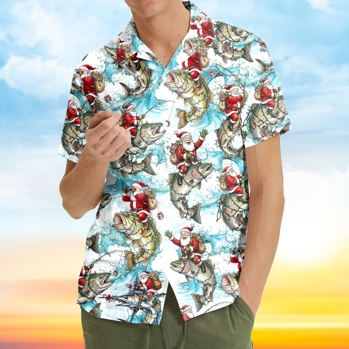Second lifestyle view of someone wearing the matching family christmas fishing hawaiian shirt outdoors