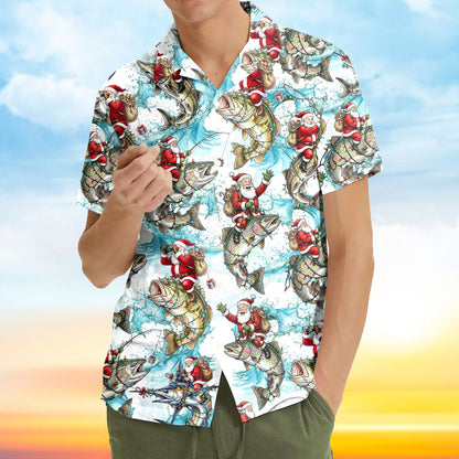 Second lifestyle view of someone wearing the matching family christmas fishing hawaiian shirt outdoors