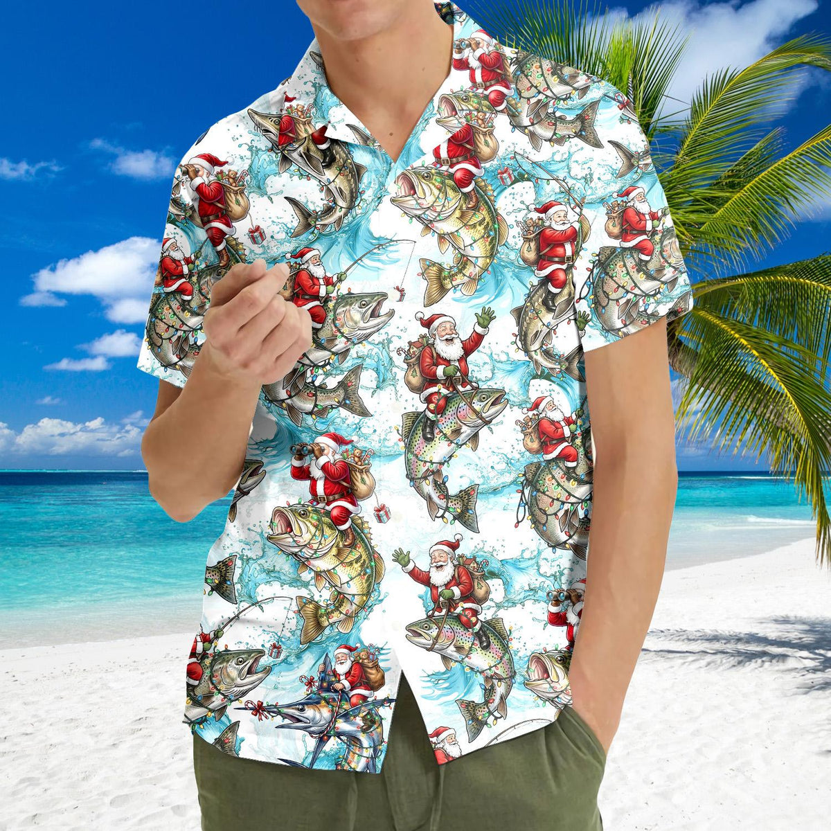 Third lifestyle view showcasing the vibrant blue and white christmas fishing hawaiian shirt