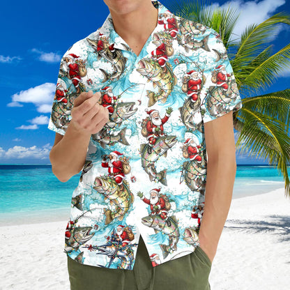 Third lifestyle view showcasing the vibrant blue and white christmas fishing hawaiian shirt