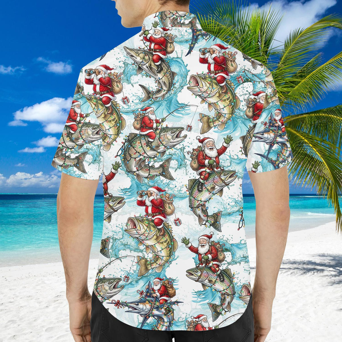 Fourth lifestyle view of the matching family christmas fishing hawaiian shirt in a festive setting