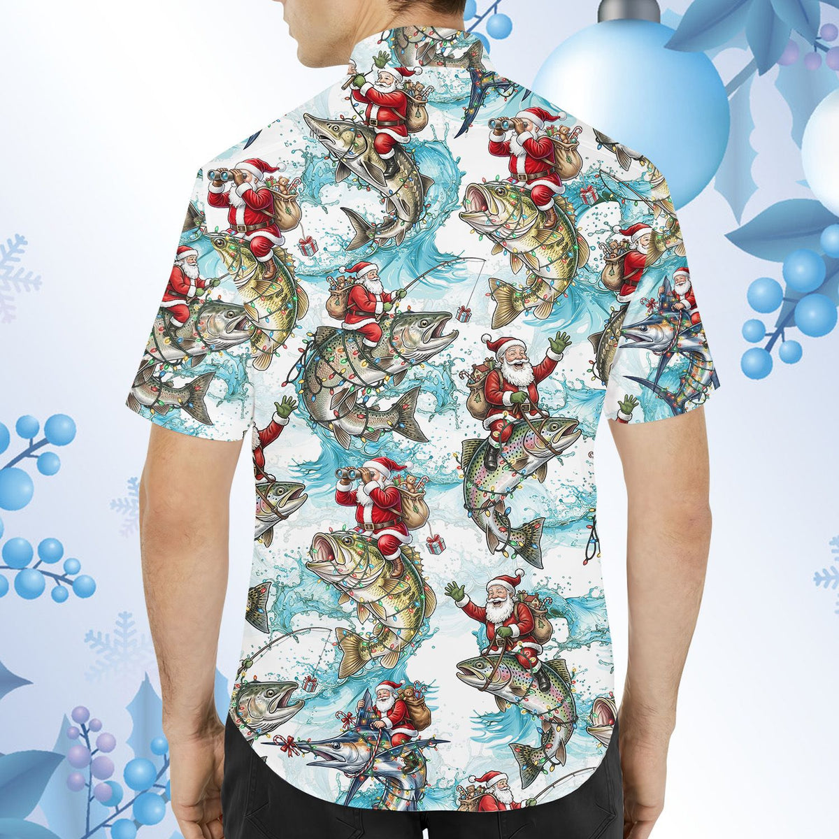 Fifth lifestyle view highlighting the Santa and lighted fish design on the hawaiian shirt