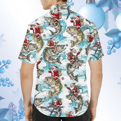 Fifth lifestyle view highlighting the Santa and lighted fish design on the hawaiian shirt