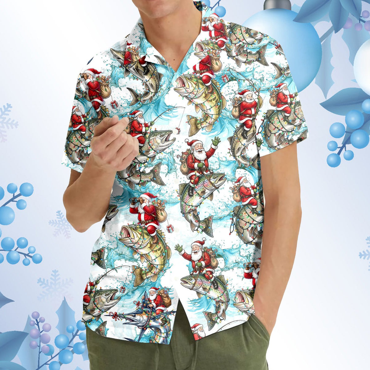 Lifestyle view of someone wearing the matching family christmas fishing hawaiian shirt