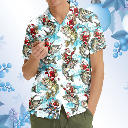 Lifestyle view of someone wearing the matching family christmas fishing hawaiian shirt