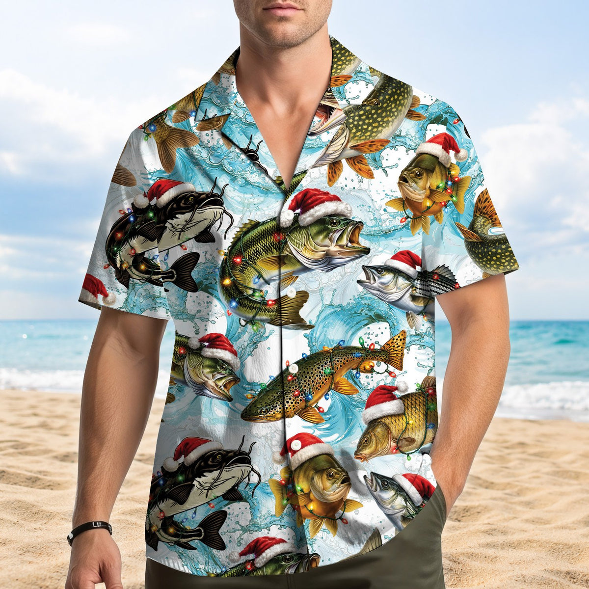 Lifestyle view of someone wearing the holiday hawaiian fishing shirt