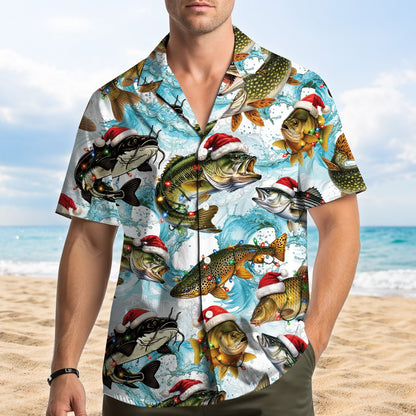 Lifestyle view of someone wearing the holiday hawaiian fishing shirt