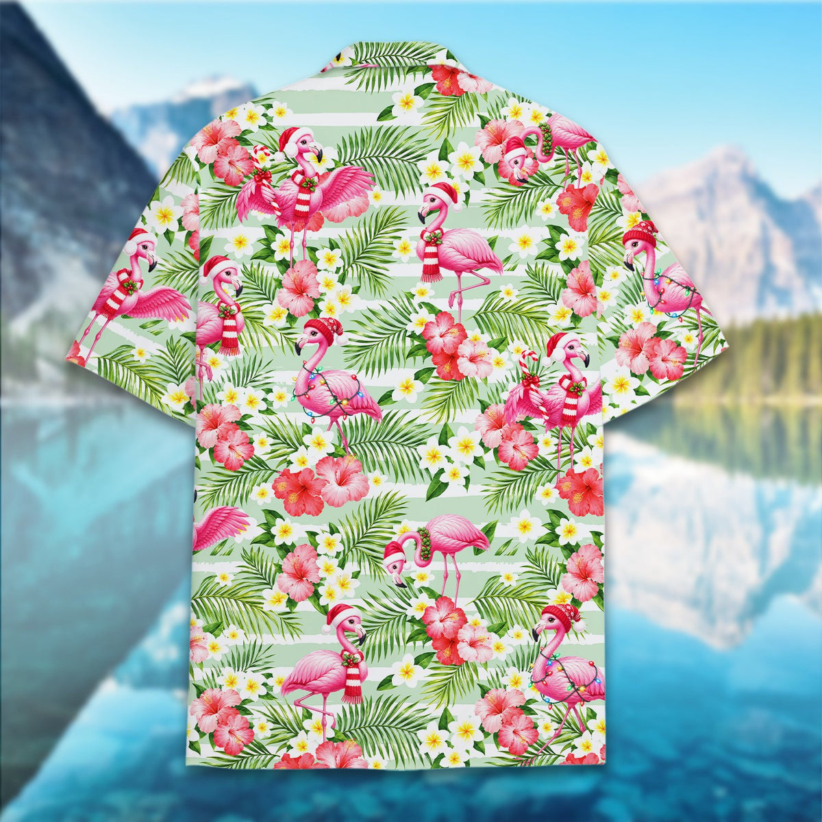 Back view of the christmas flamingos hawaiian shirt showcasing the all-over print