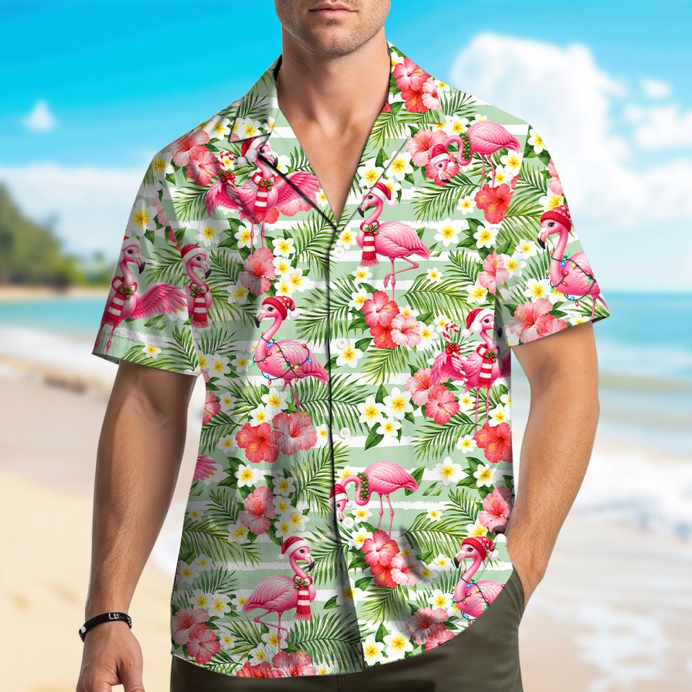 Front view of the tropical christmas hawaiian shirt for family matching