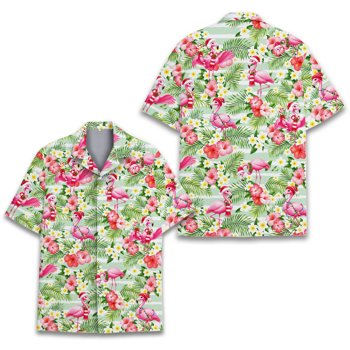 Another front angle showing the button-down style and tropical print