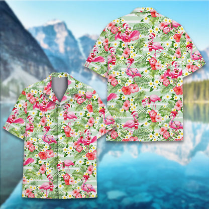 Detailed front view of the flamingo and hibiscus holiday pattern