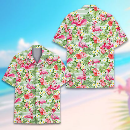 Full front view of the light green tropical christmas shirt