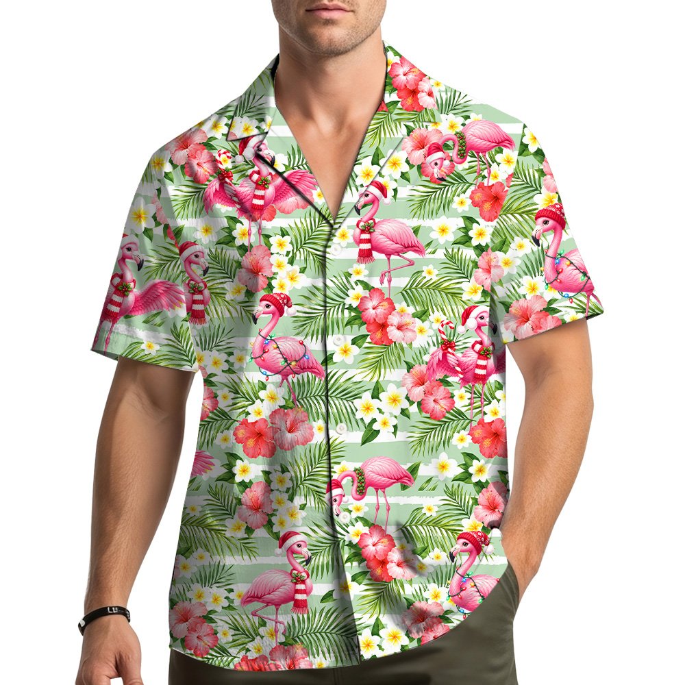 Matching family hawaiian shirts with festive flamingo design, front view