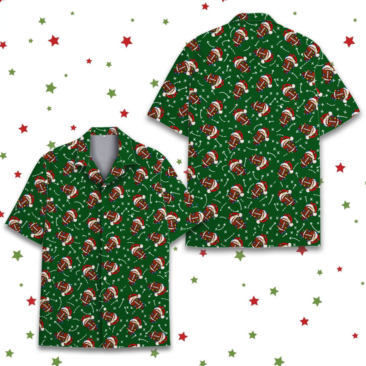 Front view of the green holiday hawaiian shirt with football diagrams