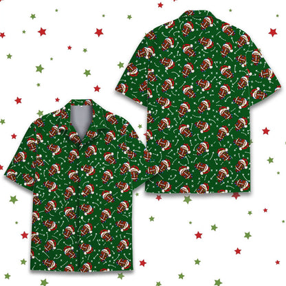 Front view of the green holiday hawaiian shirt with football diagrams