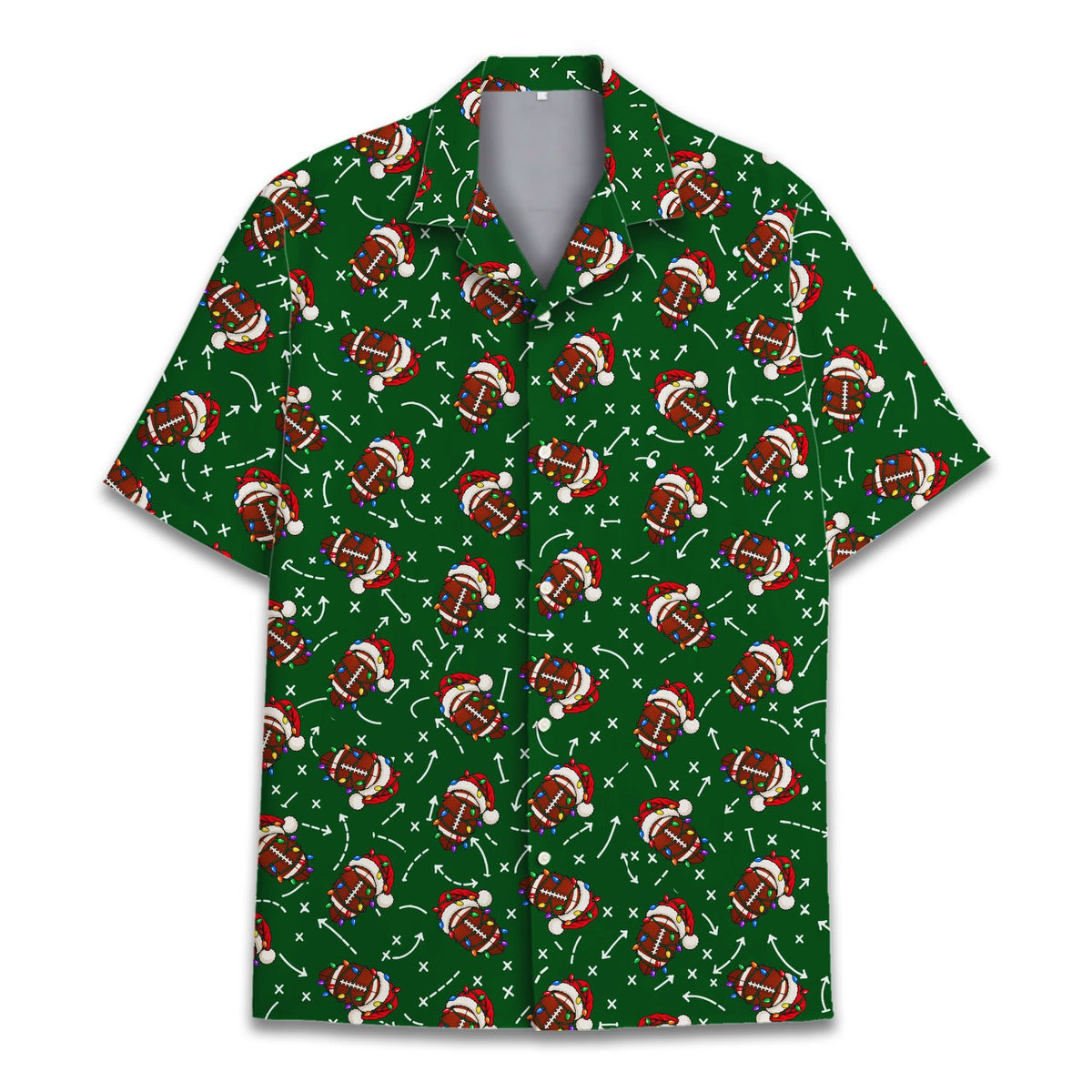 Lifestyle image of a person wearing the green christmas football hawaiian shirt