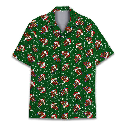 Lifestyle image of a person wearing the green christmas football hawaiian shirt